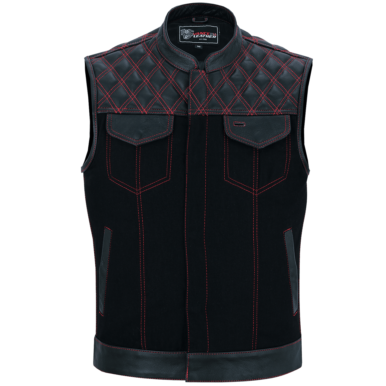 Vance-Leathers-VB924RD-Men's-Denim-Leather-Motorcycle-Vest-with-Red-Stitching-front-view