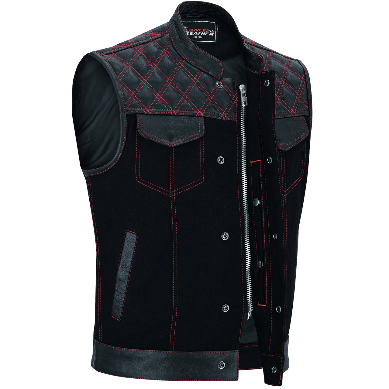 Vance-Leathers-VB924RD-Men's-Denim-Leather-Motorcycle-Vest-with-Red-Stitching-front-snap-button-zipper
