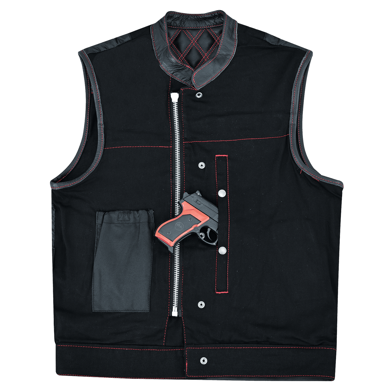 Vance-Leathers-VB924RD-Men's-Denim-Leather-Motorcycle-Vest-with-Red-Stitching-conceal carry pocket