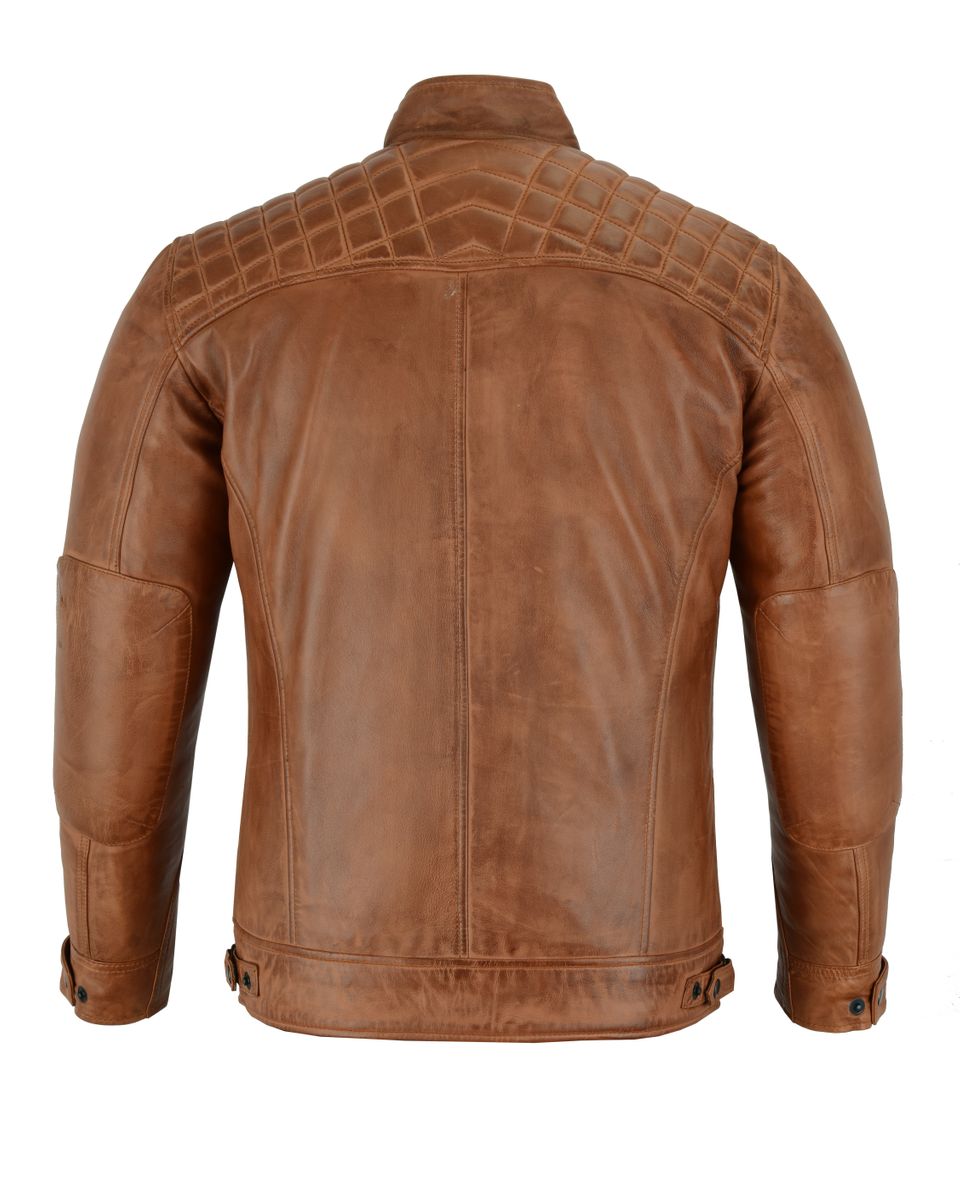 Vance Leather Men's Cafe Racer Waxed Lambskin Austin Brown Motorcycle Leather Jacket