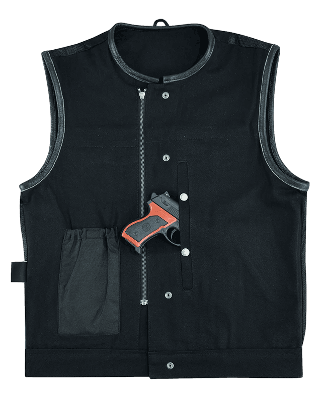 Denim-Black-Collarless-Club-Vest-Leather-trims-front