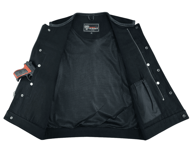 Denim-Black-Collarless-Club-Vest-Leather-trims-front-open