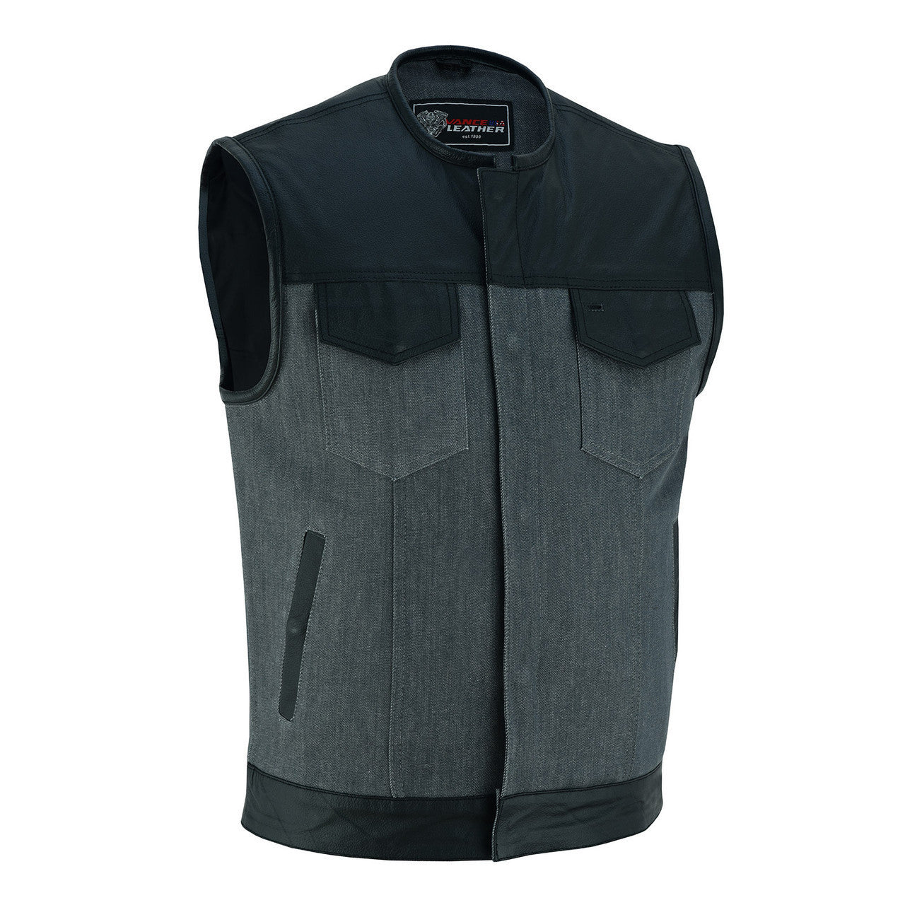 Vance-VB910G Mens-Grey-Denim-Leather-Motorcycle-Vest-CCW-Pockets-main