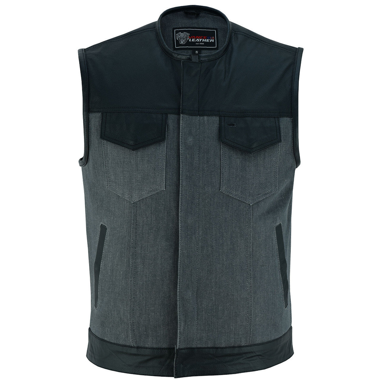 Vance-VB910G Mens-Grey-Denim-Leather-Motorcycle-Vest-CCW-Pockets-front-view