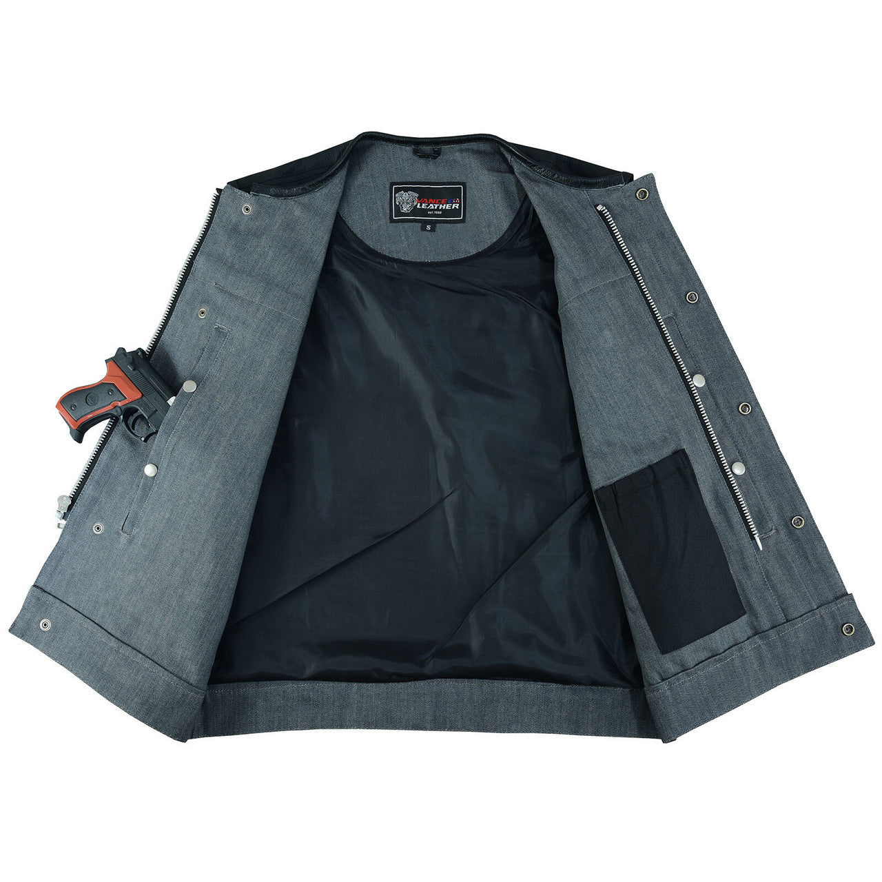 Vance-VB910G Mens-Grey-Denim-Leather-Motorcycle-Vest-CCW-Pockets-inner-view