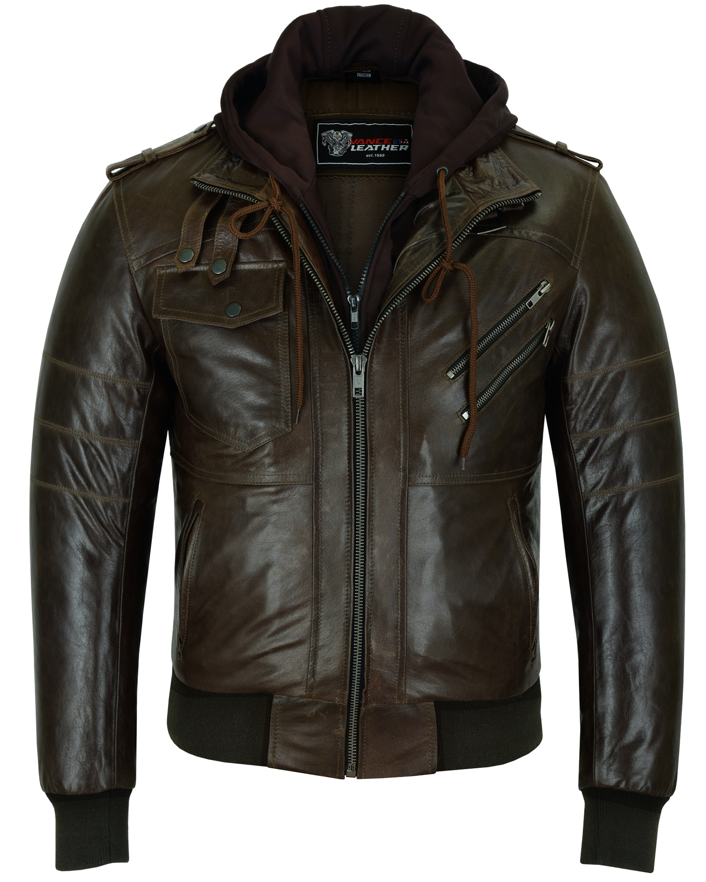 Vance Leather Men's Vincent Brown Waxed Premium Cowhide Motorcycle Leather Jacket with Removable hood