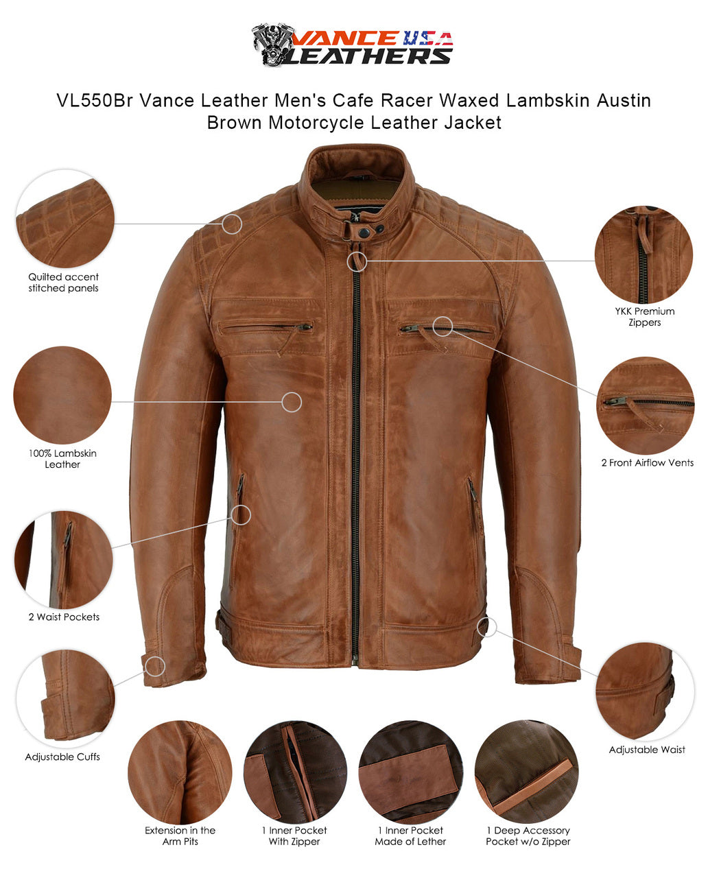 Vance Leather Men's Cafe Racer Waxed Lambskin Austin Brown Motorcycle Leather Jacket